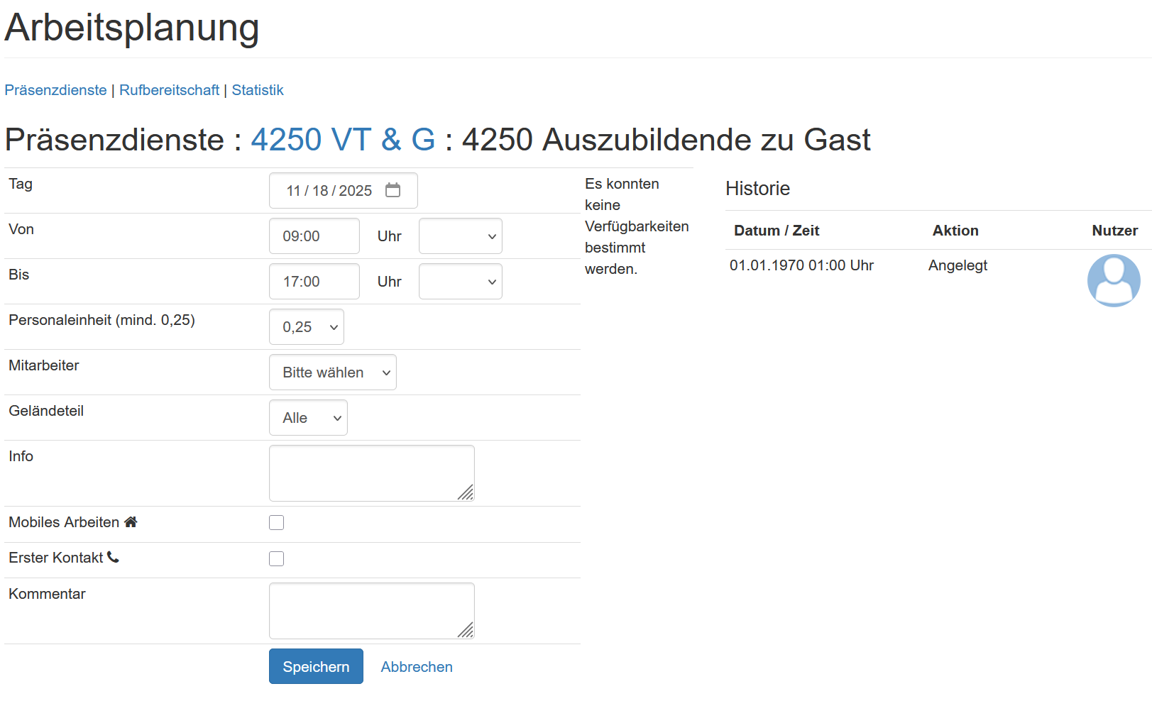 Präsenzdienst anlegen