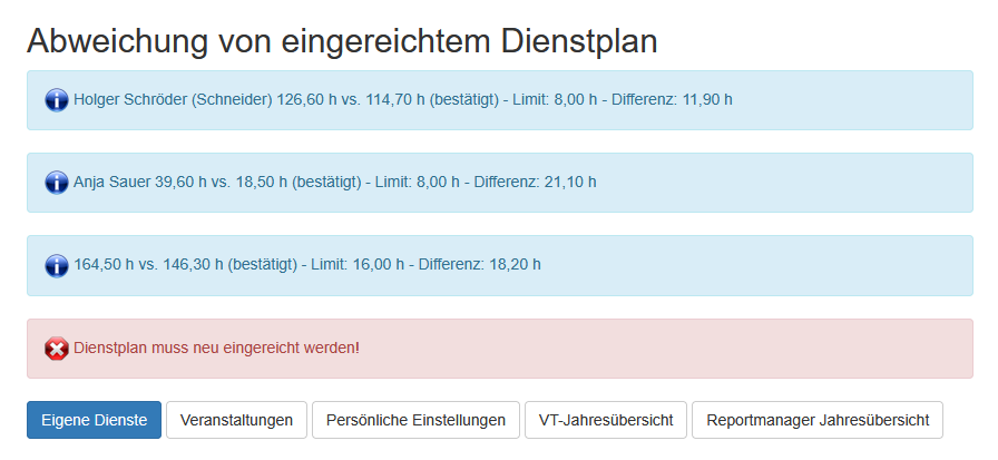 Abweichung des Dienstplans