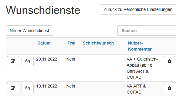 Wunschdienste Übersicht